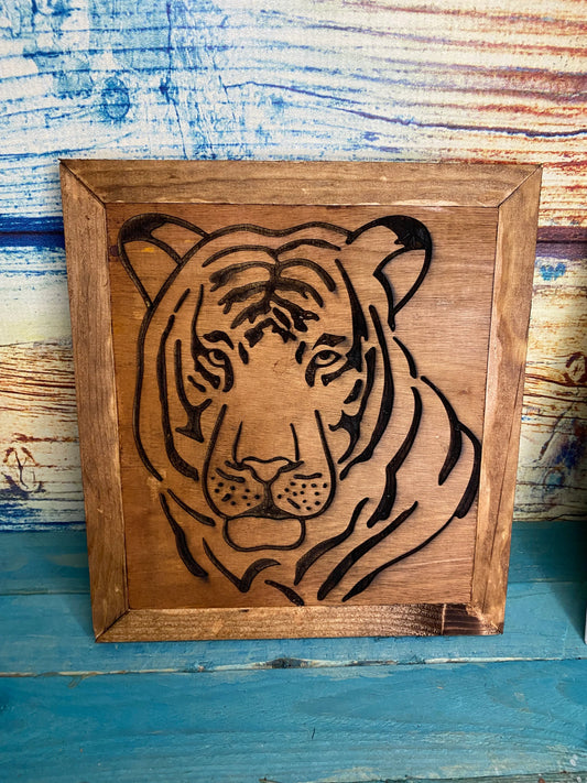 Handmade plywood and wood frame wall art  Laser engraved Tiger