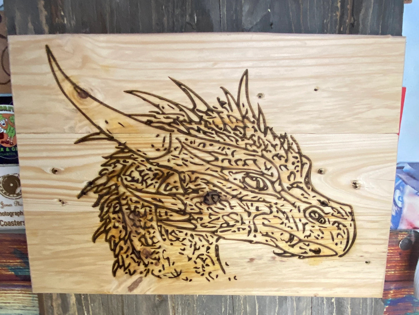 Handmade upcycled wood, wall art Laser engraved Dragons Head, gift