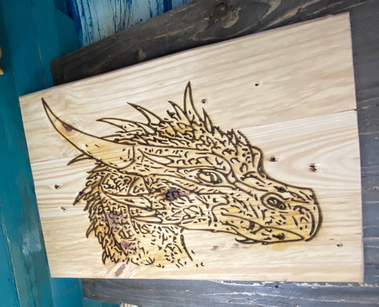 Handmade upcycled wood, wall art Laser engraved Dragons Head, gift