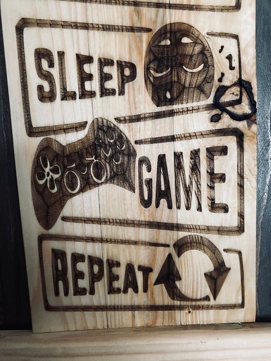 Handmade upcycled wood, wall art. gamer, x box, play, Laser engraved.