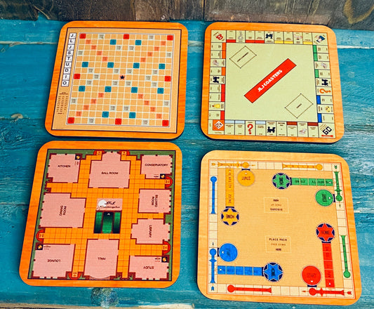 Game board coasters set of 4, monopoly, Scrabble, Cluedo