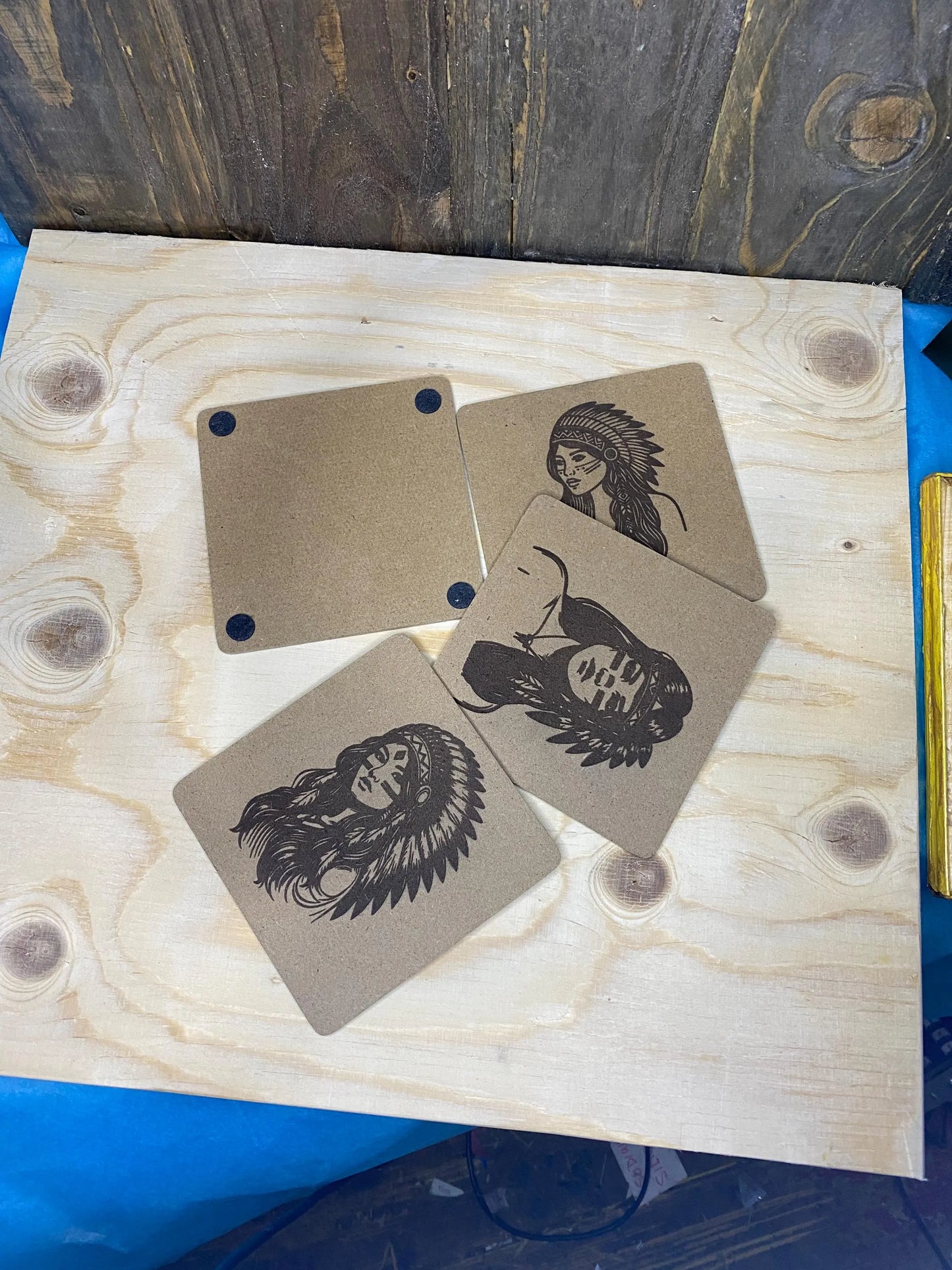 MDF Coasters set of 4. Indian squaw portraits, Laser engraved. great gift. housewarming, all occasions.
