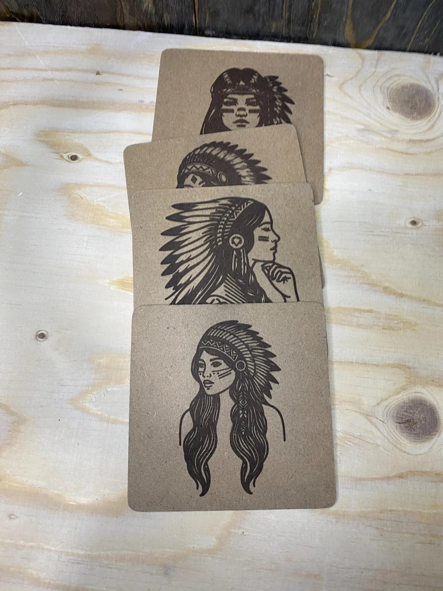MDF Coasters set of 4. Indian squaw portraits, Laser engraved. great gift. housewarming, all occasions.