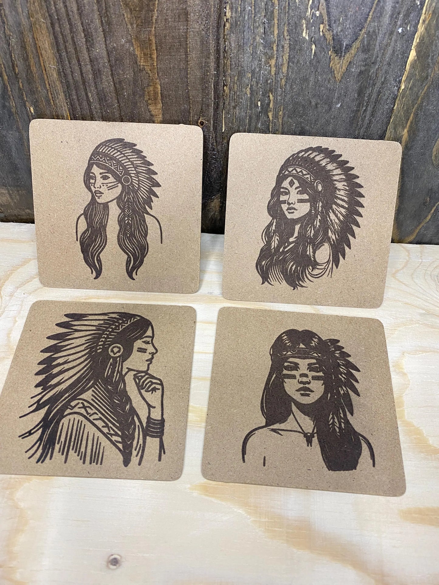 MDF Coasters set of 4. Indian squaw portraits, Laser engraved. great gift. housewarming, all occasions.